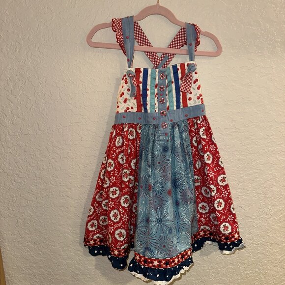 Matilda Jane Girls Jolene Mixed Pattern Dress Size 6 Patriotic America Red Blue - Picture 2 of 8